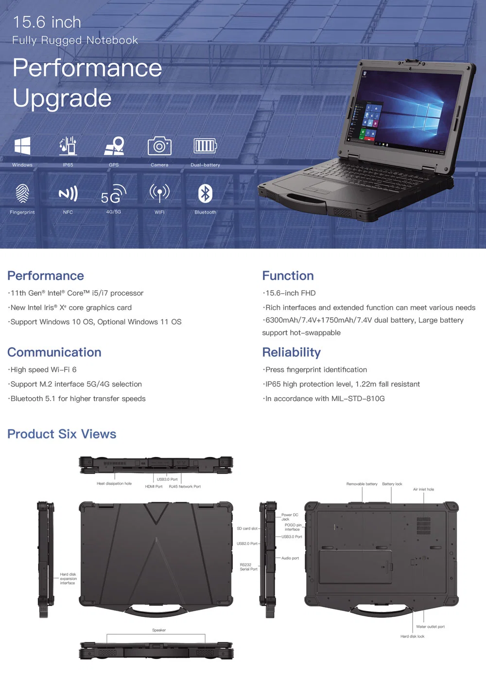 Sample Customization Intel Core I5 I7 11th Windows10 Windows11 15.6 Inch Fully Rugged Tablet Toughbook Rugged Laptop with GPS